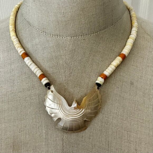 Vintage Carved Mother of Pearl Thunderbird Necklace Heishi Beads - Picture 1 of 13